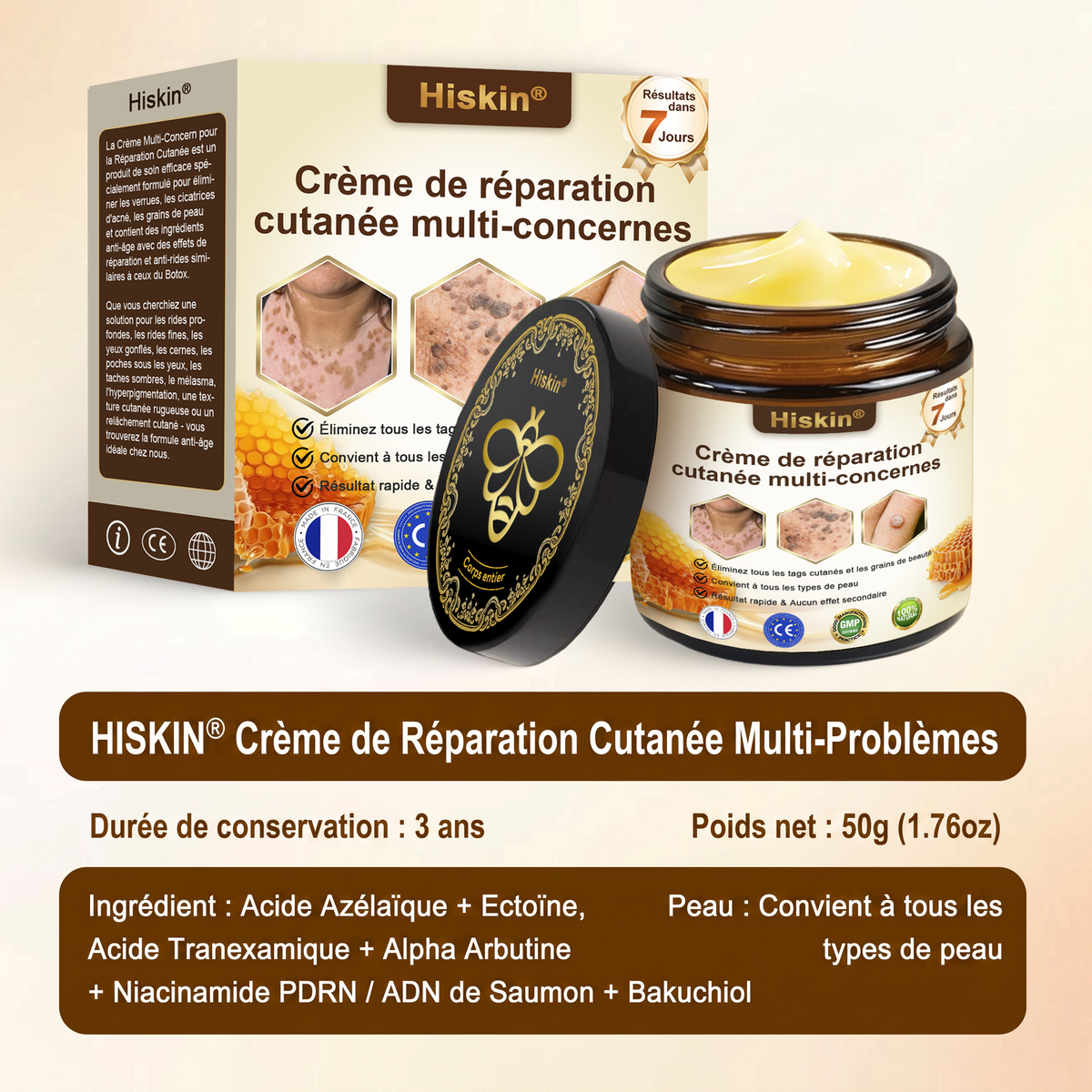 ✨ HISKIN® Technologie Avancée de Renouvellement Cellulaire  Une formule innovante qui agit au cœur de la peau pour soutenir le renouvellement cutané et aider votre peau à retrouver une apparence plus jeune, lisse et éclatante.